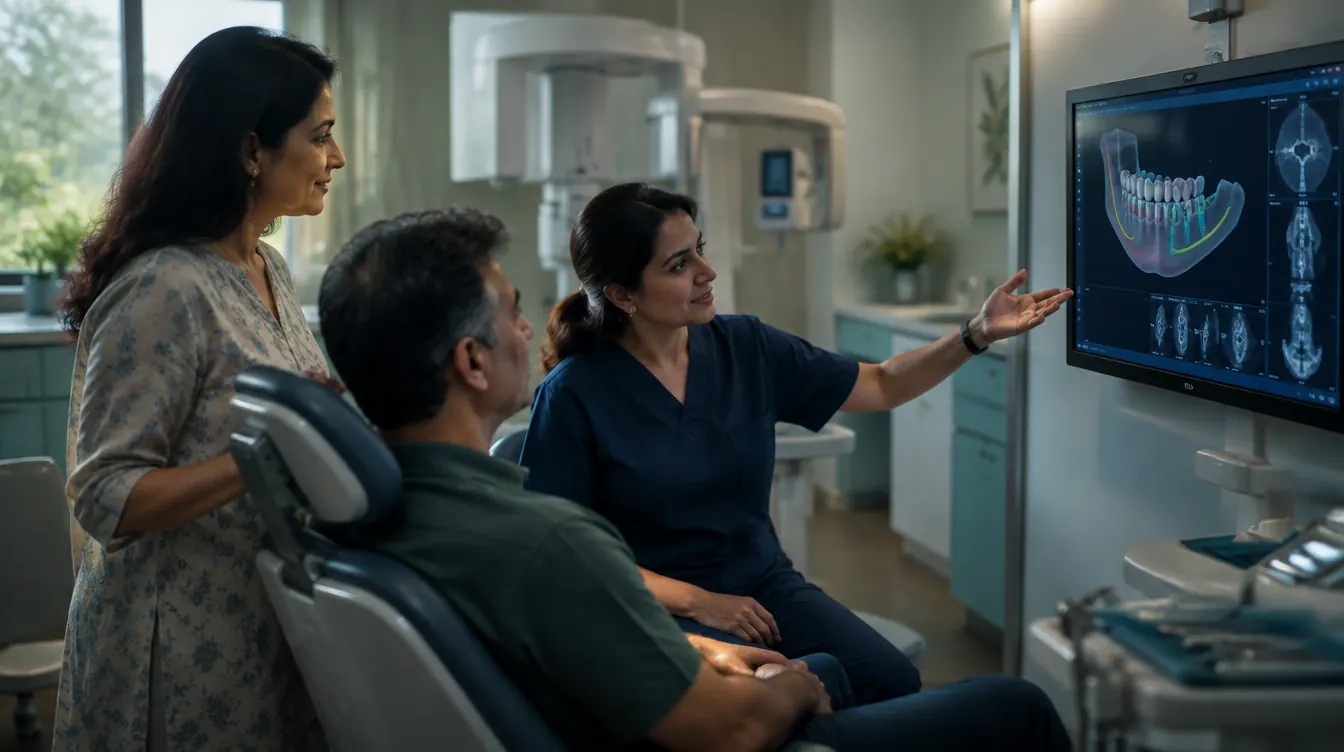 Dentist explaining an implant treatment plan to a patient and his wife on a clinic screen